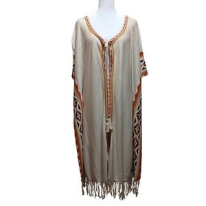 Idol Mind Womens Southwestern Knit Kaftan Tassel Fringe CoverUpCream Orange L/XL